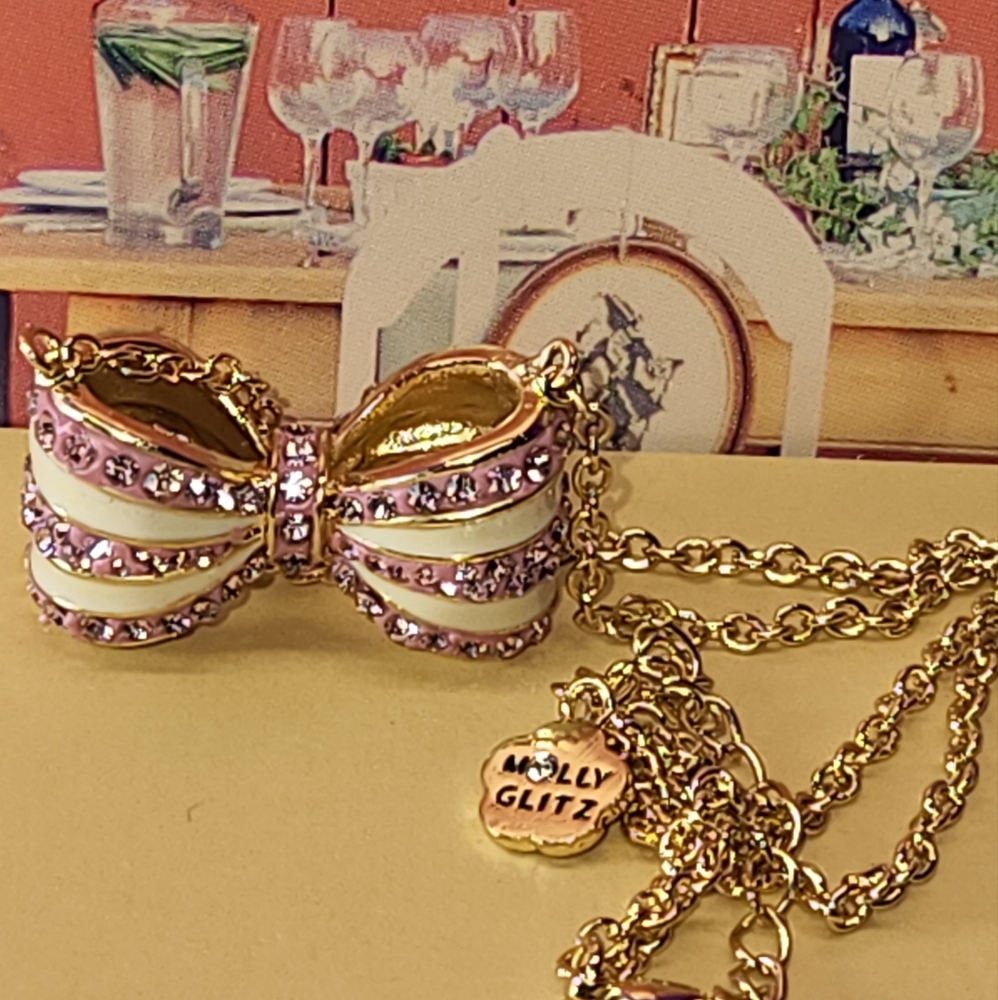 #1702, MOLLY GLITZ, 3D BOW NECKLACE, 14K GP, CRYSTAL & WHITE ENAMEL STRIPES